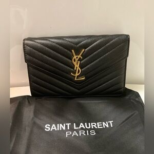 Saint Laurent YSL Black Chevron Quilted Clutch (Strap Inside)